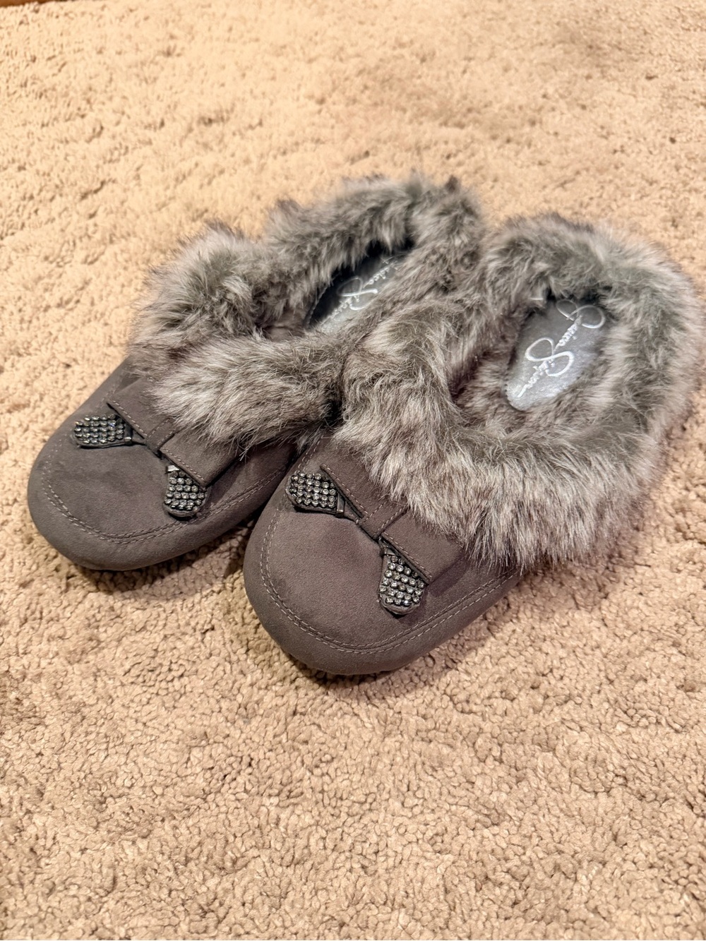 Jessica Simpson Prettier Faux Fur Trim Slip-On Moccasin Slippers - Gray